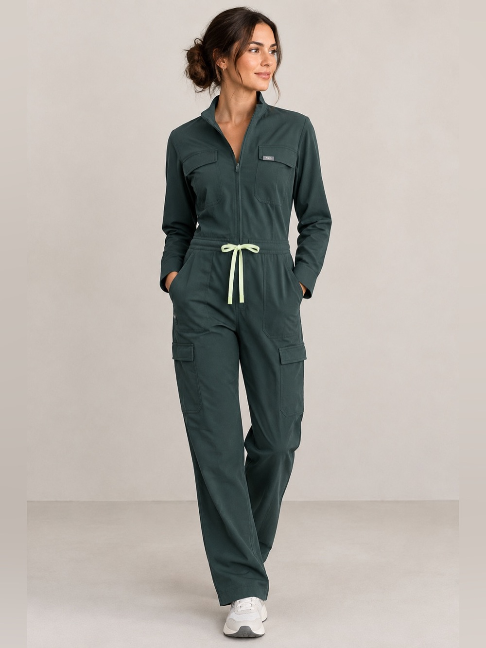 FIGS Chantal Cargo Scrub Long Sleeve Utility Green Jumpsuit size Medium